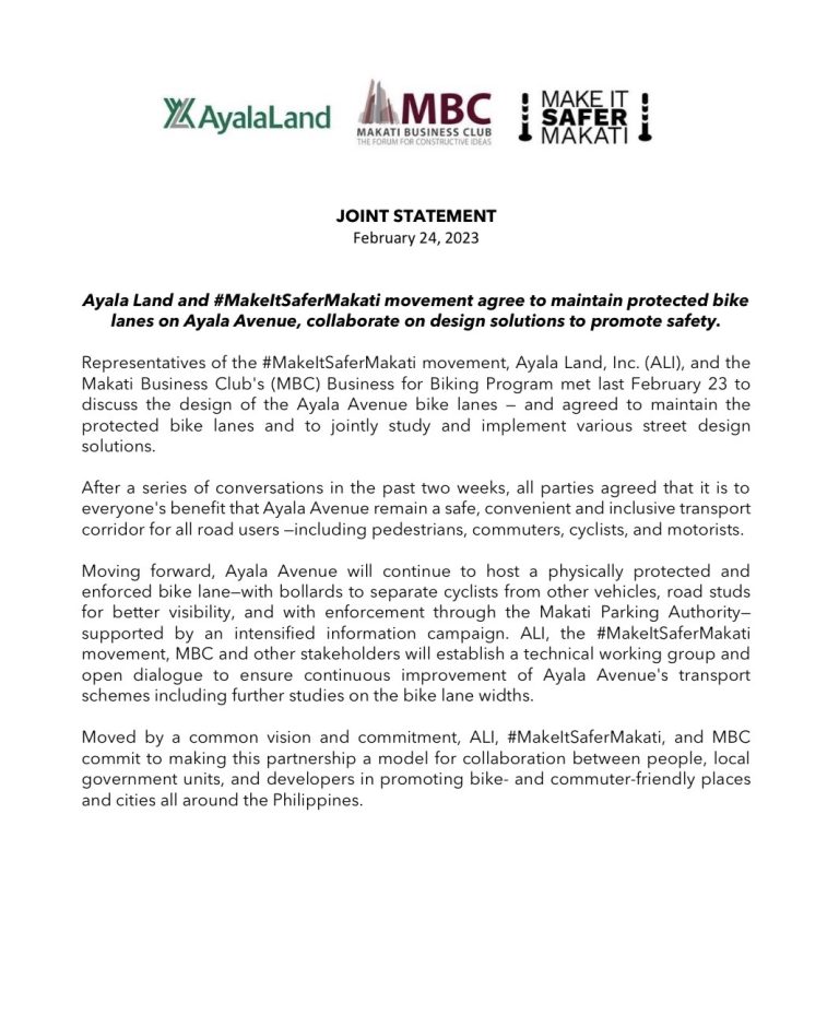 Ayala Land and #MakeItSaferMakati movement agree to maintain protected bike lanes on Ayala Avenue, collaborate on design solutions to promote safety